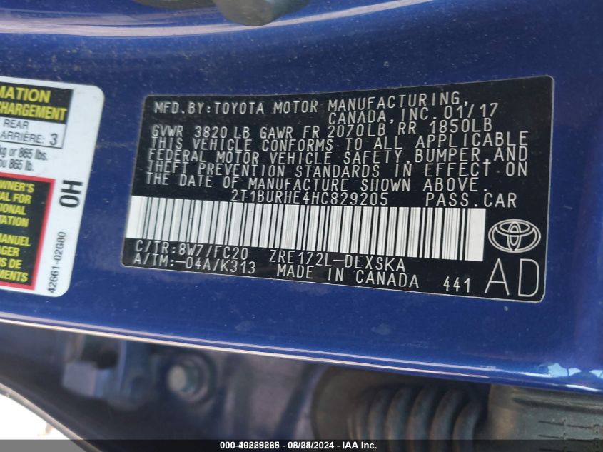 2017 Toyota Corolla Se VIN: 2T1BURHE4HC829205 Lot: 40229265