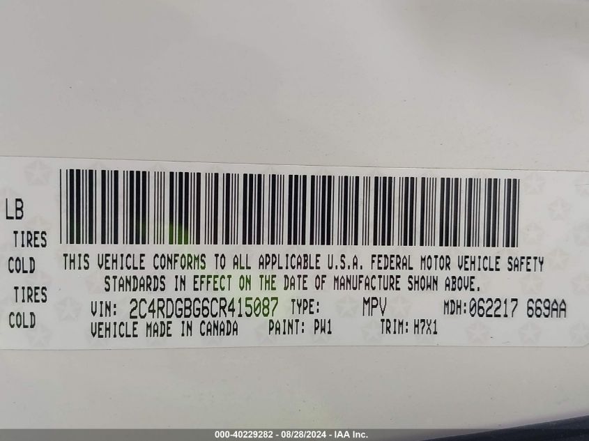 2012 Dodge Grand Caravan Se/Avp VIN: 2C4RDGBG6CR415087 Lot: 40229282