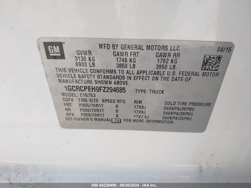2015 Chevrolet Silverado 1500 Wt VIN: 1GCRCPEH9FZ294685 Lot: 40229498