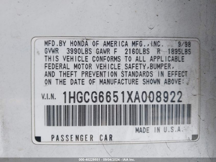 1HGCG6651XA008922 1999 Honda Accord Lx