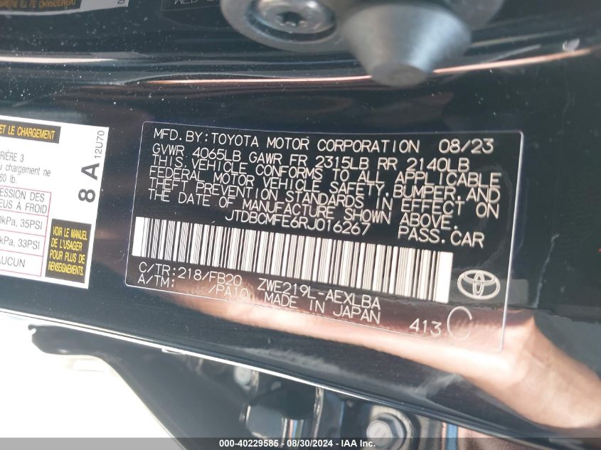 2024 Toyota Corolla Hybrid Le VIN: JTDBCMFE6RJ016267 Lot: 40229585