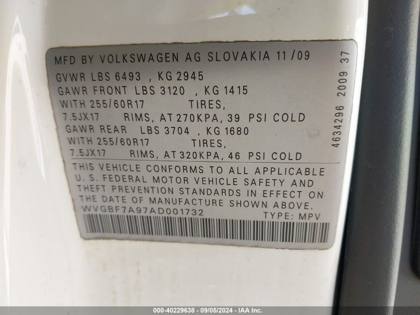 WVGBF7A97AD001732 2010 Volkswagen Touareg Vr6 Fsi