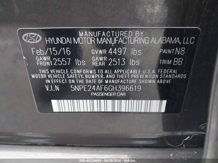 2016 HYUNDAI SONATA - 5NPE24AF6GH396619