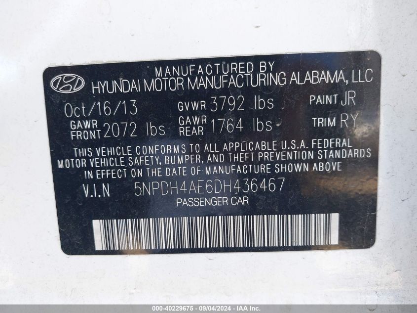 2013 Hyundai Elantra Limited VIN: 5NPDH4AE6DH436467 Lot: 40229675