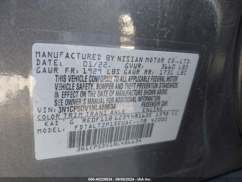 3N1CP5DV1NL486634 2022 Nissan Kicks Sr Xtronic Cvt