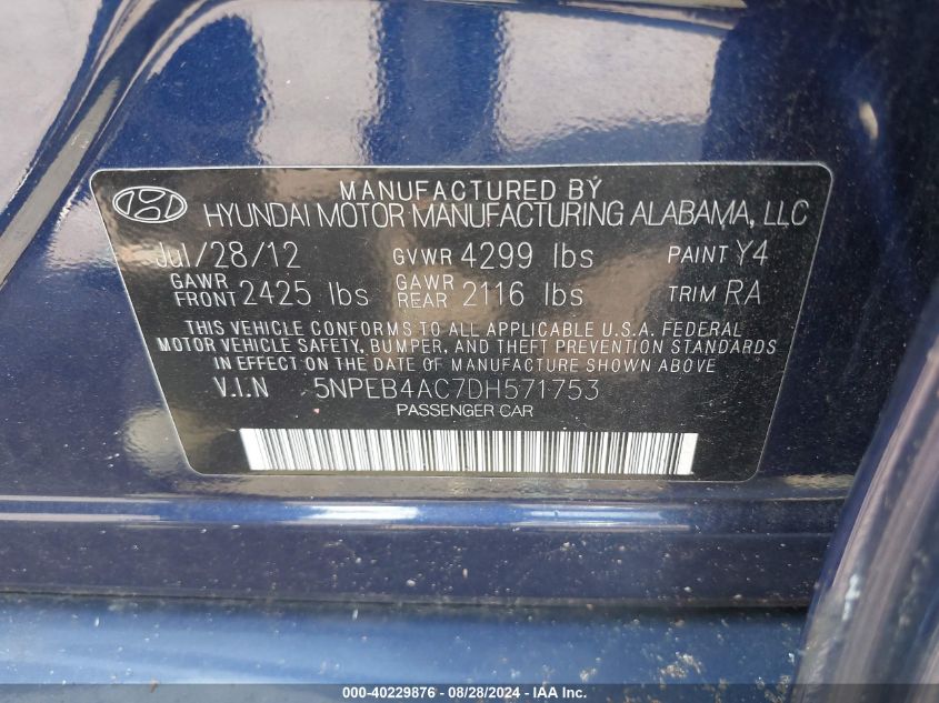 5NPEB4AC7DH571753 2013 Hyundai Sonata Gls