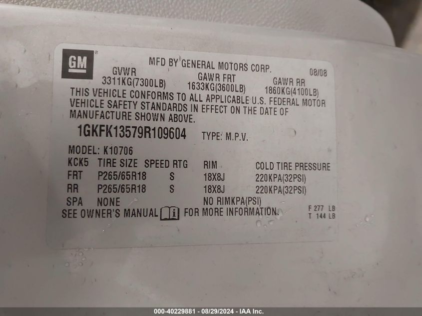 2009 GMC Yukon Hybrid VIN: 1GKFK13579R109604 Lot: 40229881