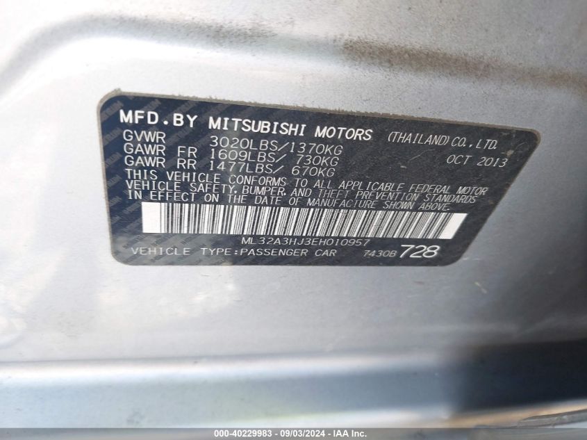 2014 Mitsubishi Mirage De VIN: ML32A3HJ3EH010957 Lot: 40229983