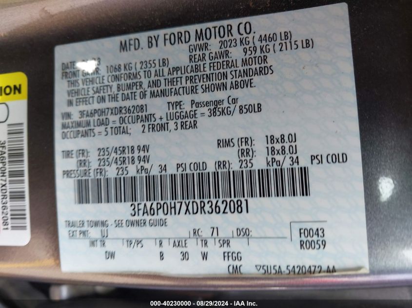 2013 Ford Fusion Se VIN: 3FA6P0H7XDR362081 Lot: 40230000