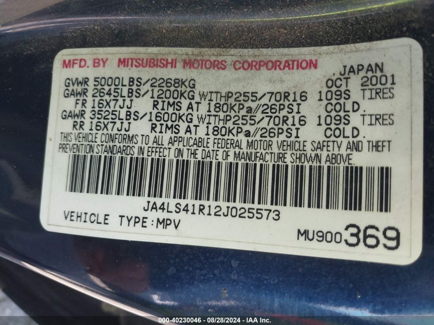 JA4LS41R12J025573 2002 Mitsubishi Montero Sport Ltd