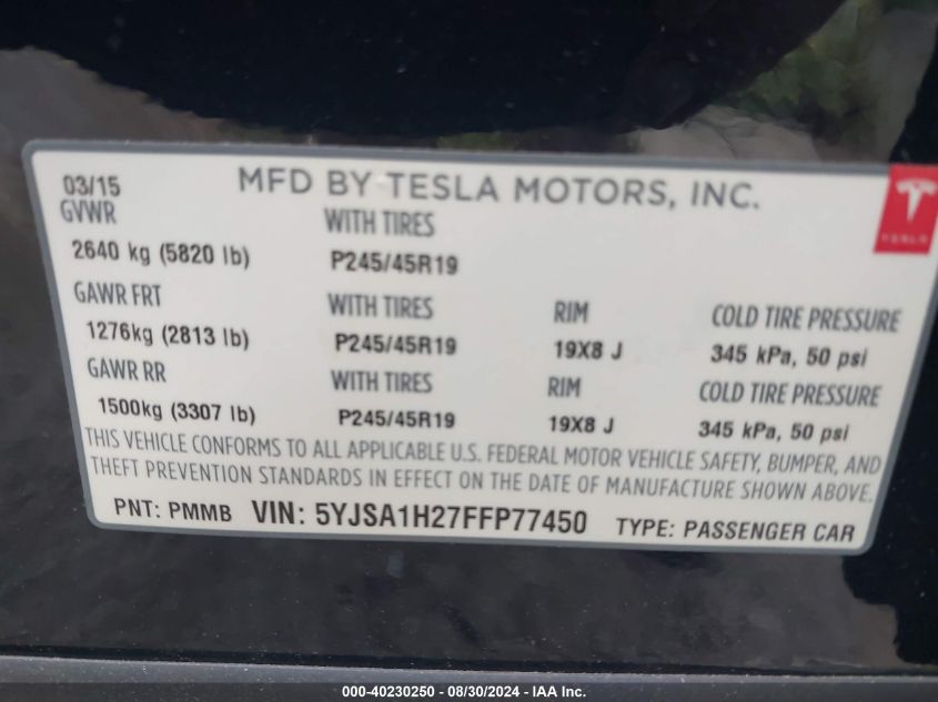 2015 Tesla Model S 70D/85D/P85D VIN: 5YJSA1H27FFP77450 Lot: 40230250