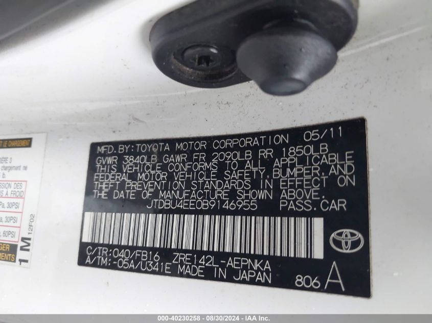 2011 Toyota Corolla Le VIN: JTDBU4EE0B9146955 Lot: 40230258