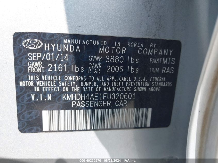 2015 Hyundai Elantra Se VIN: KMHDH4AE1FU320601 Lot: 40230270