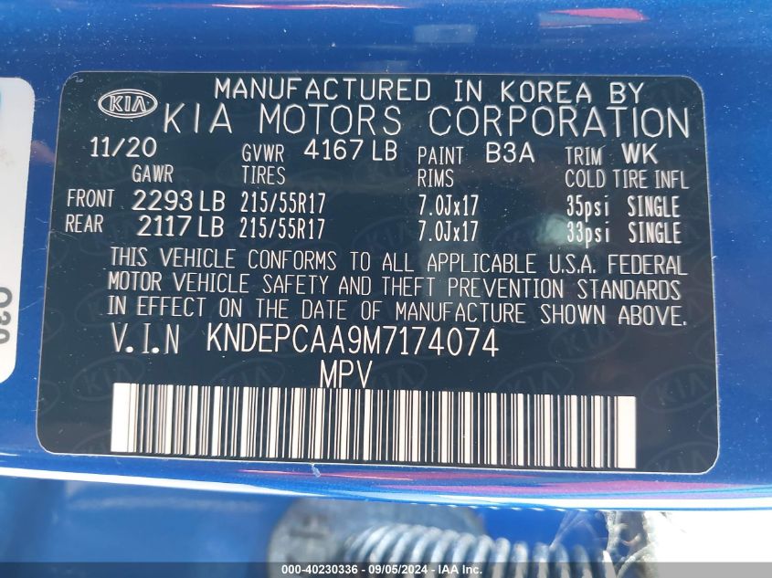 2021 Kia Seltos Lx VIN: KNDEPCAA9M7174074 Lot: 40230336