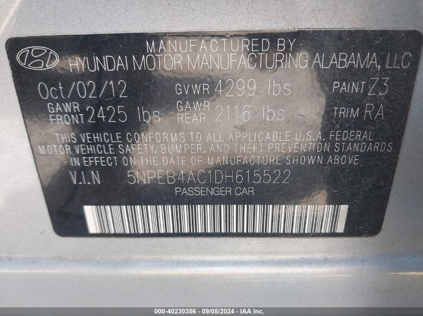 5NPEB4AC1DH615522 2013 Hyundai Sonata Gls