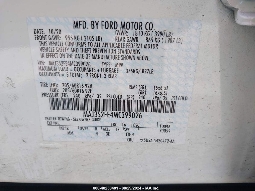 2021 Ford Ecosport S VIN: MAJ3S2FE4MC399026 Lot: 40230401