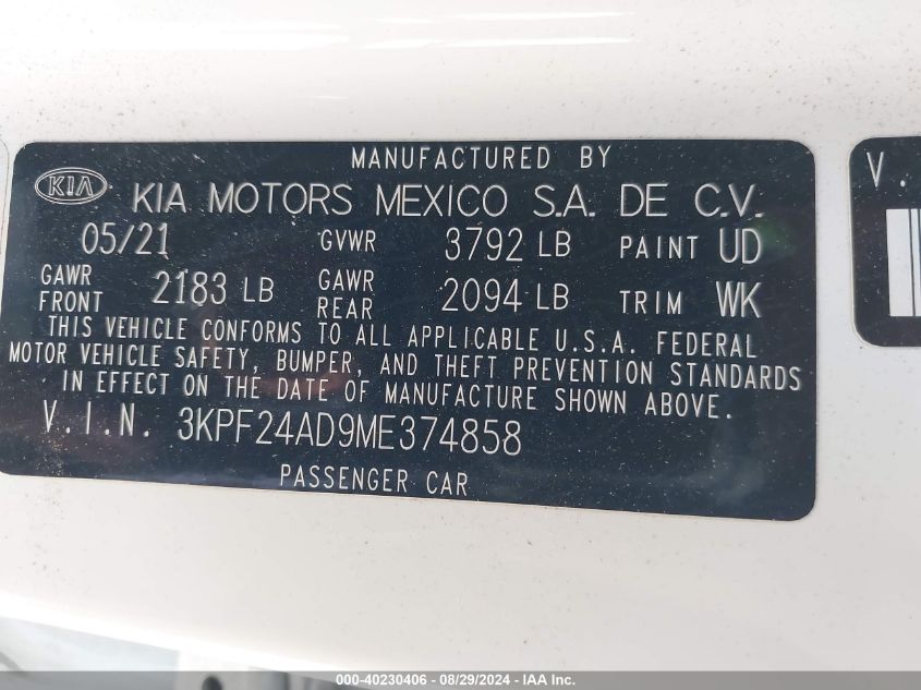 2021 Kia Forte Lxs VIN: 3KPF24AD9ME374858 Lot: 40230406