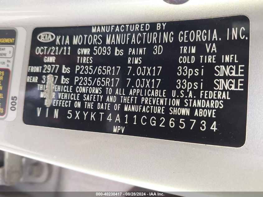 5XYKT4A11CG265734 2012 Kia Sorento Lx