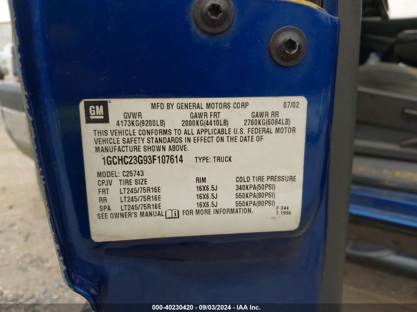 2003 Chevrolet Silverado 2500Hd Ls VIN: 1GCHC23G93F107614 Lot: 40230420