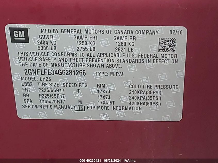 2016 Chevrolet Equinox Lt VIN: 2GNFLFE34G6281266 Lot: 40230421