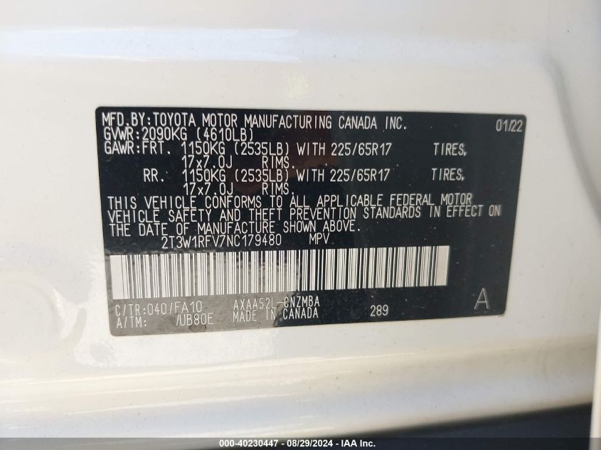 2022 Toyota Rav4 Xle VIN: 2T3W1RFV7NC179480 Lot: 40230447