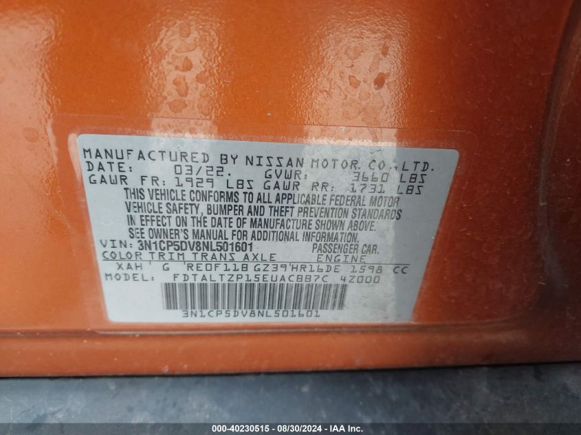 2022 Nissan Kicks Sr Xtronic Cvt VIN: 3N1CP5DV8NL501601 Lot: 40230515