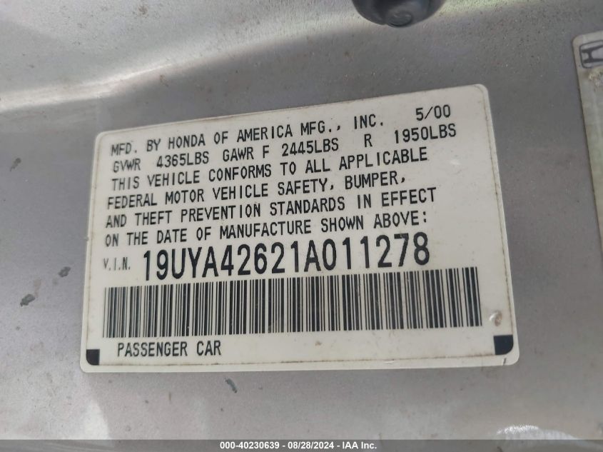 2001 Acura Cl 3.2 Type S VIN: 19UYA42621A011278 Lot: 40230639