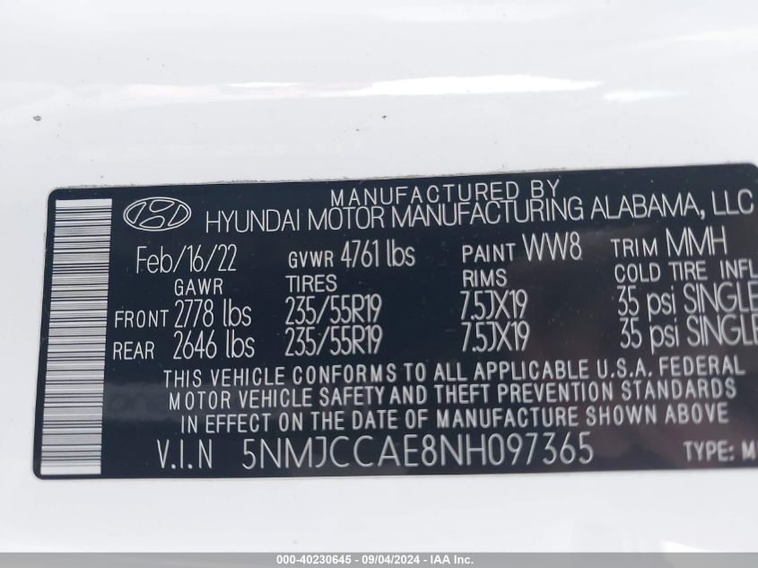 2022 Hyundai Tucson Sel VIN: 5NMJCCAE8NH097365 Lot: 40230645