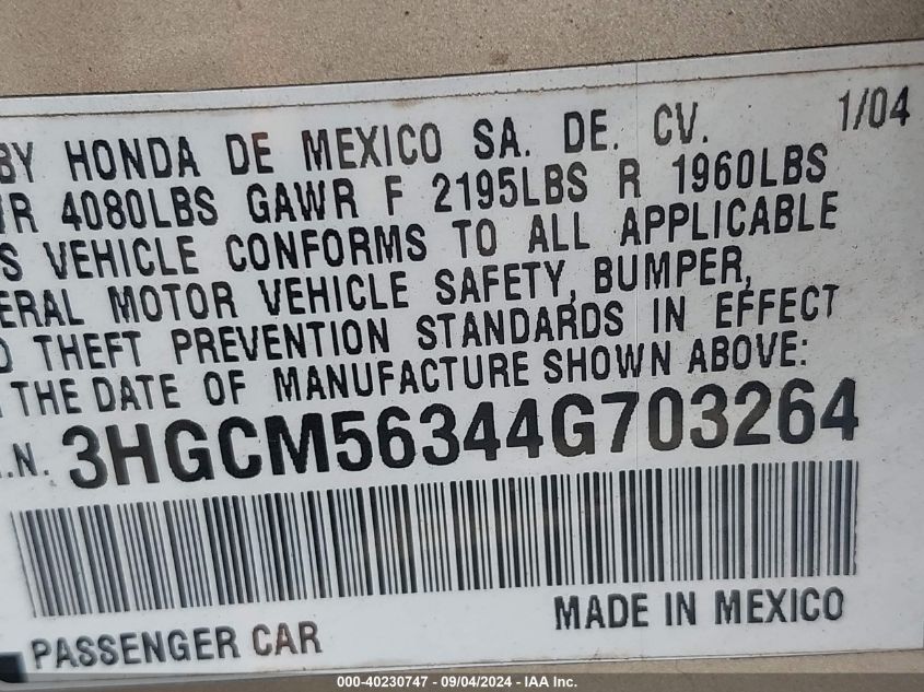 2004 Honda Accord 2.4 Lx VIN: 3HGCM56344G703264 Lot: 40230747