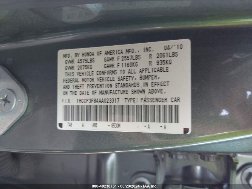 2010 Honda Accord 3.5 Ex-L VIN: 1HGCP3F84AA023317 Lot: 40230751