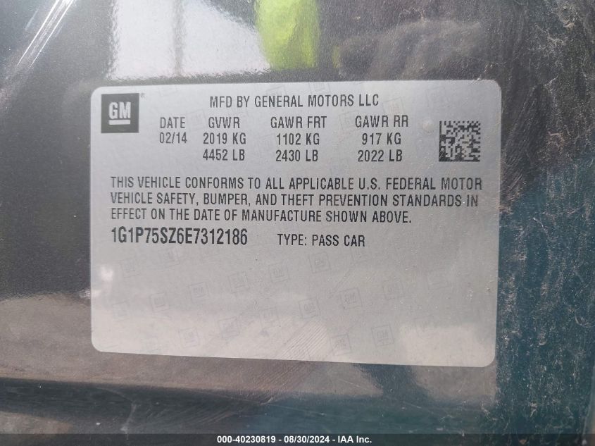 2014 Chevrolet Cruze Diesel VIN: 1G1P75SZ6E7312186 Lot: 40230819