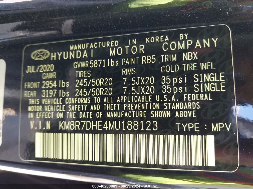 2021 Hyundai Palisade Calligraphy VIN: KM8R7DHE4MU188123 Lot: 40230889