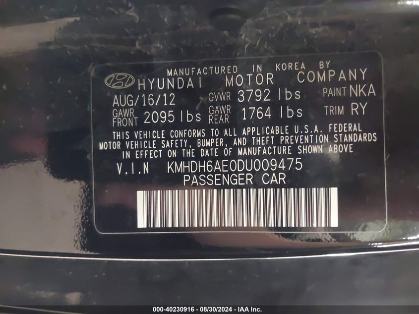 KMHDH6AE0DU009475 2013 Hyundai Elantra Gs