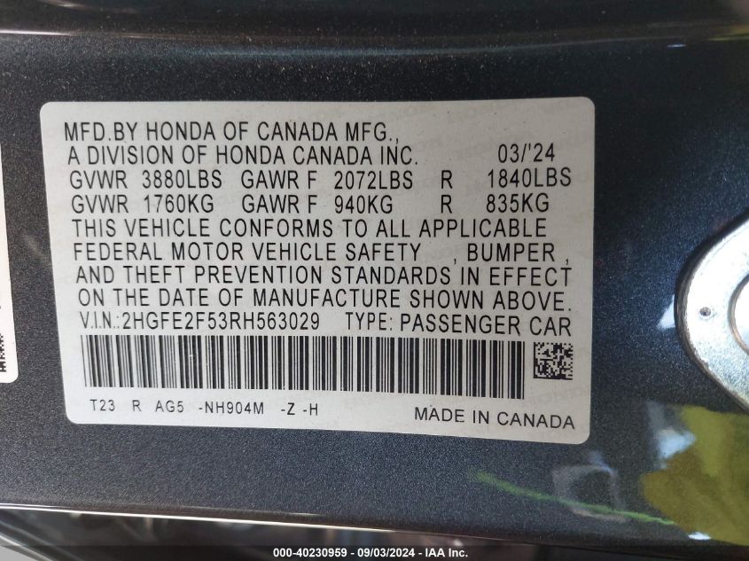 2024 Honda Civic Sport VIN: 2HGFE2F53RH563029 Lot: 40230959