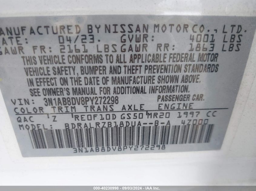 2023 Nissan Sentra Sr Xtronic Cvt VIN: 3N1AB8DV8PY272298 Lot: 40230998