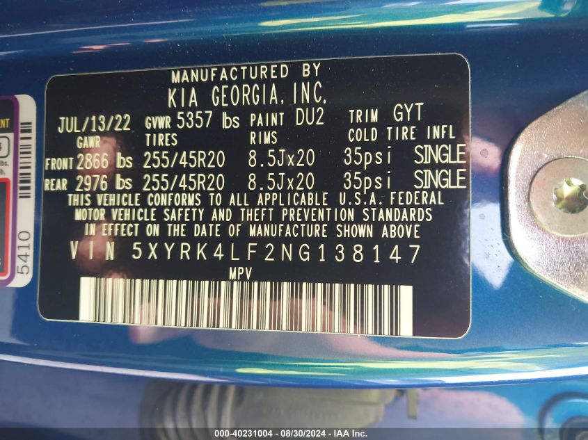 5XYRK4LF2NG138147 2022 Kia Sorento Sx Prestige