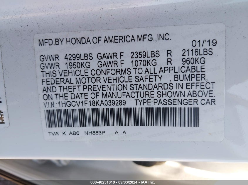 VIN 1HGCV1F18KA039289 2019 HONDA ACCORD LX
