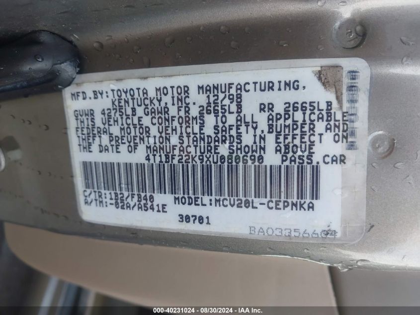 4T1BF22K9XU080690 1999 Toyota Camry Le V6