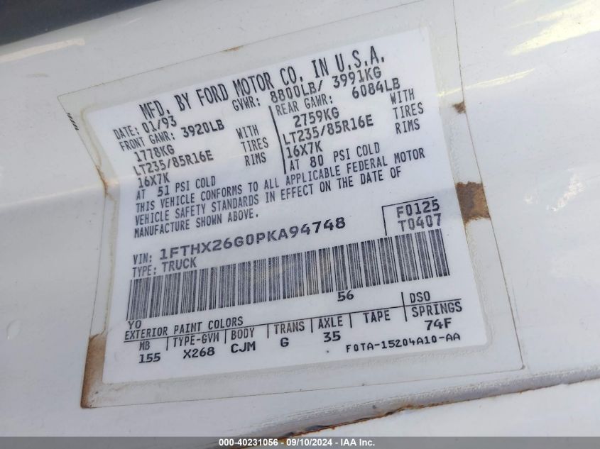 1993 Ford F250 VIN: 1FTHX26G0PKA94748 Lot: 40231056