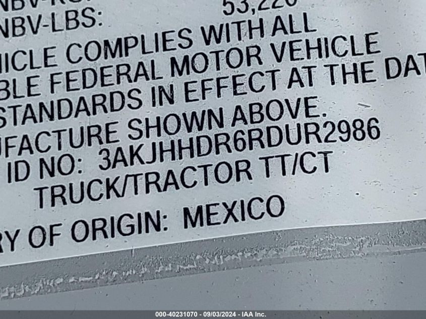 2024 Freightliner Cascadia 126 VIN: 3AKJHHDR6RDUR2986 Lot: 40231070