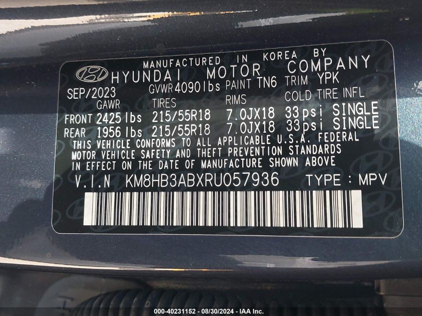 2024 Hyundai Kona Sel VIN: KM8HB3ABXRU057936 Lot: 40231152