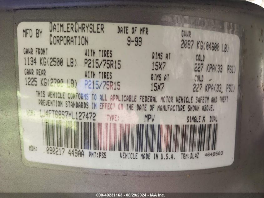 2000 Jeep Cherokee Limited VIN: 1J4FT68S7YL127472 Lot: 40231163