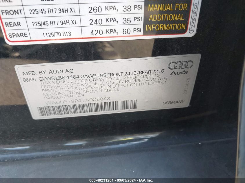 2007 Audi A3 2.0T VIN: WAUHF78P47A006848 Lot: 40231201