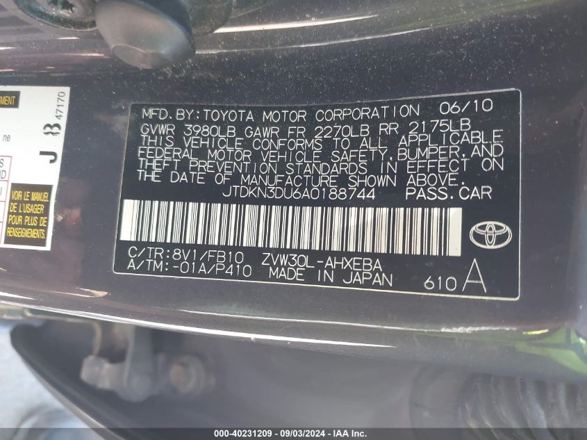 2010 Toyota Prius Iii VIN: JTDKN3DU6A0188744 Lot: 40231209