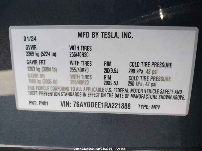 2024 Tesla Model Y Long Range Dual Motor All-Wheel Drive VIN: 7SAYGDEE1RA221888 Lot: 40231260