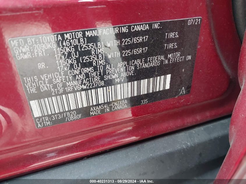 2021 Toyota Rav4 Le VIN: 2T3F1RFV6MW223708 Lot: 40231313