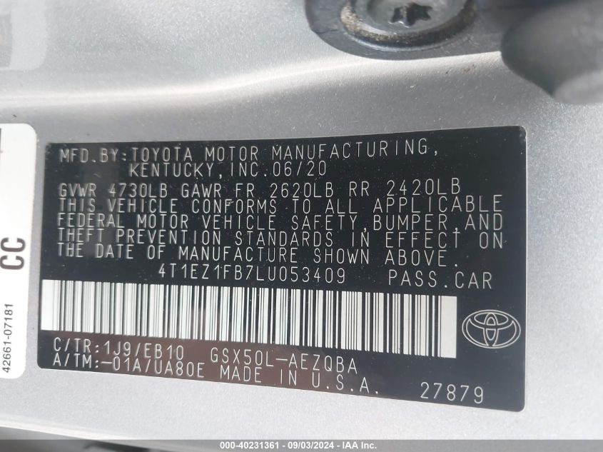 2020 Toyota Avalon Xse VIN: 4T1EZ1FB7LU053409 Lot: 40231361