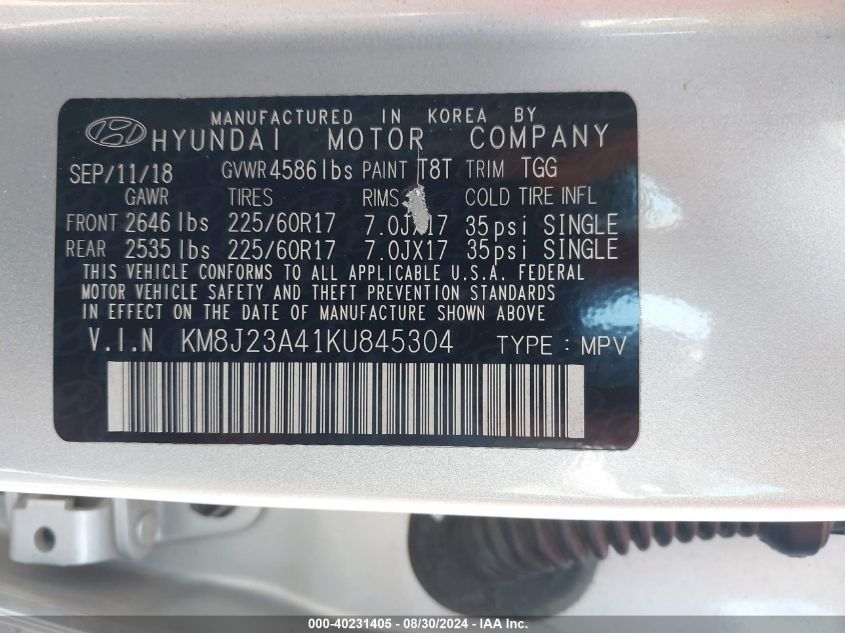 KM8J23A41KU845304 2019 Hyundai Tucson Se