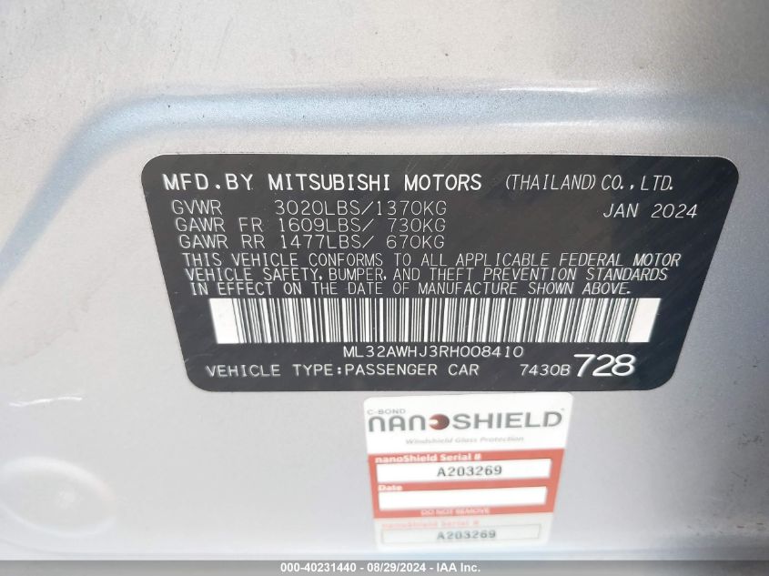 2024 Mitsubishi Mirage Se/Black Edition/Ralliart VIN: ML32AWHJ3RH008410 Lot: 40231440