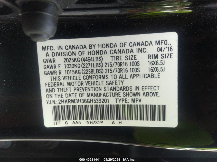 VIN 2HKRM3H36GH539201 2016 Honda CR-V, LX no.9